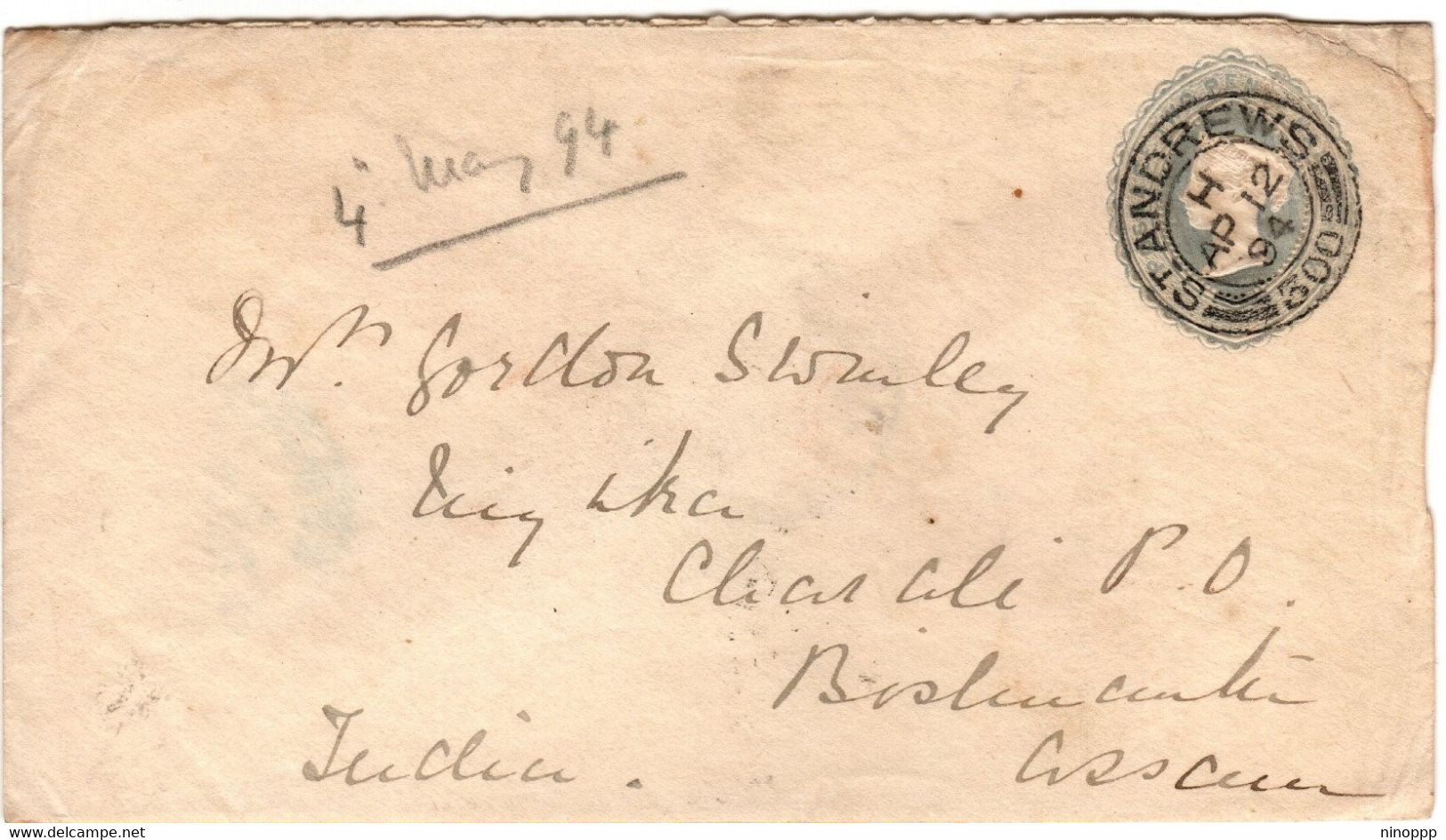 Great Britain 1894 Prepaid Envelope Two Pence From St Andrews To Charali - Cartas & Documentos