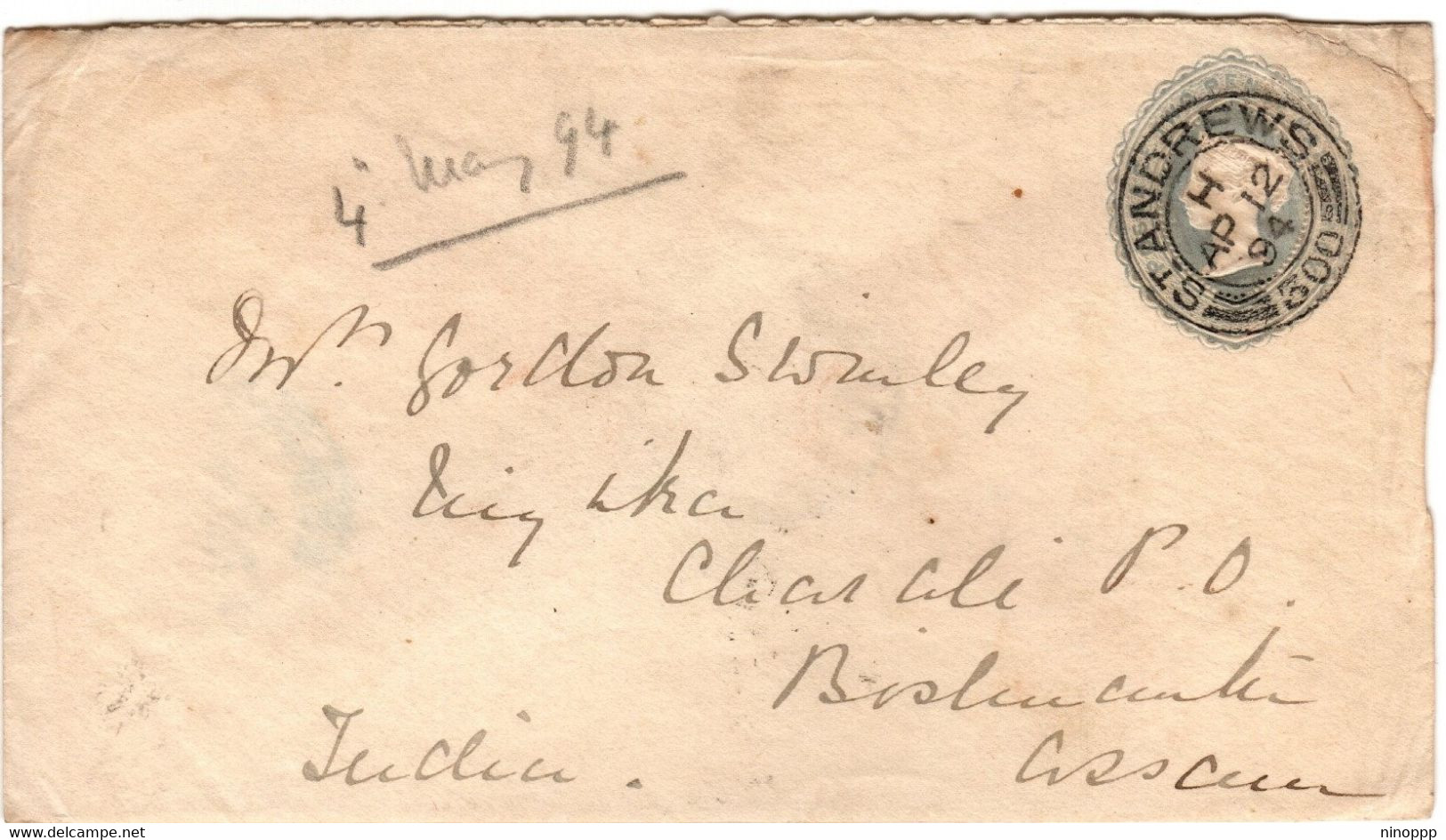 Great Britain 1894 Prepaid Envelope Two Pence From St Andrews To Charali - Lettres & Documents