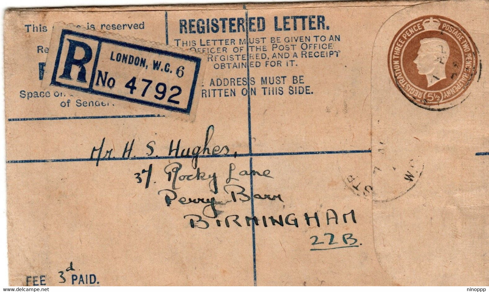 Great Britain 1941 Registered Letter 5.5 Pence KGVI - Sin Clasificación