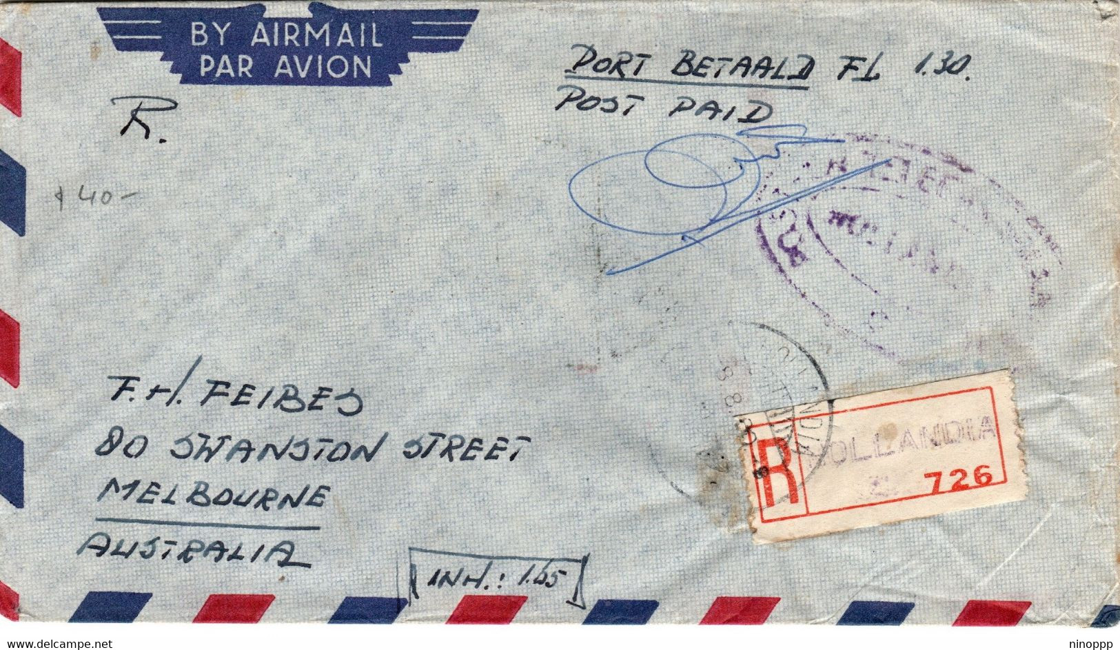 Netherlands New Guinea 1950 Registered Mail From Hollandiato Melbourne - Nouvelle Guinée Néerlandaise