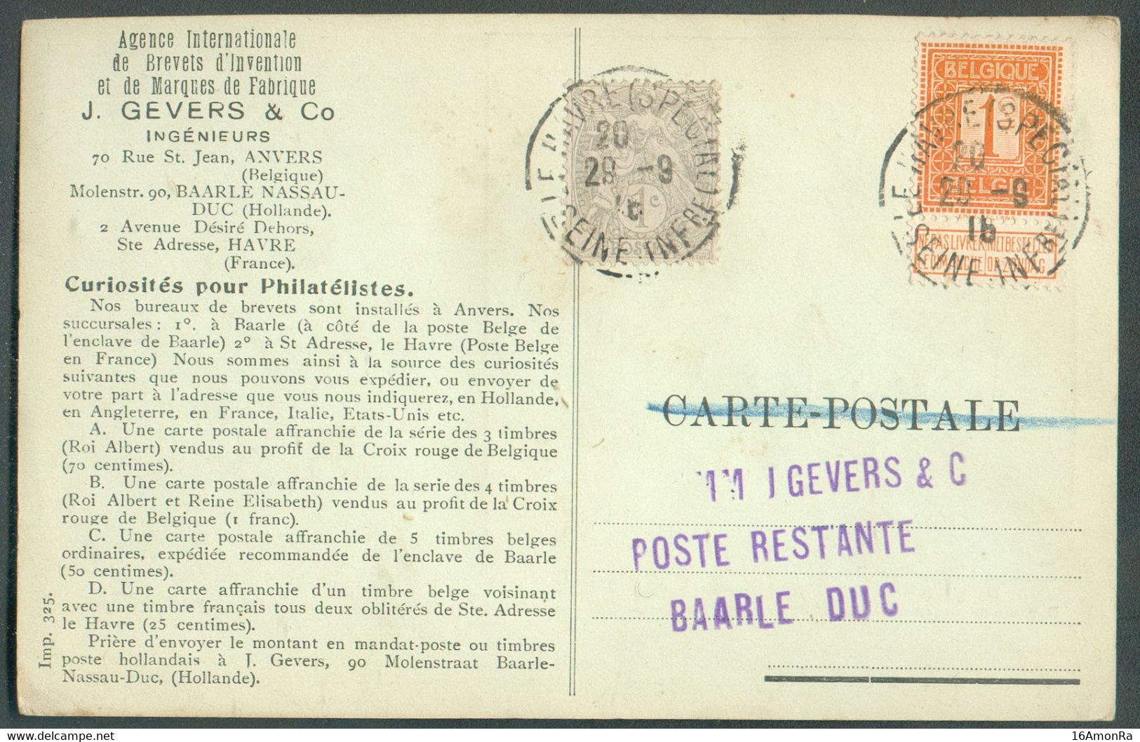 N°108 - 1 Centimes PELLENS + France 1c. BLANC Obl. Sc LE HAVRE (Special) Sur Carte Du 29-9-1916 vers Baarle-Duc - 19281 - Autres & Non Classés