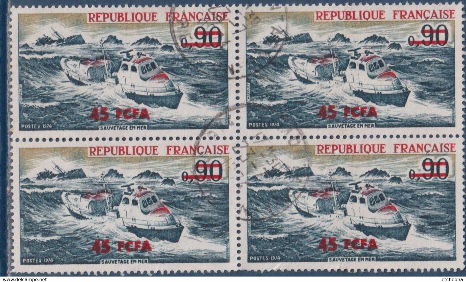 4 Timbres Oblitérés En Bloc N°424 Sauvetage En Mer 45f Sur 90c - Usados