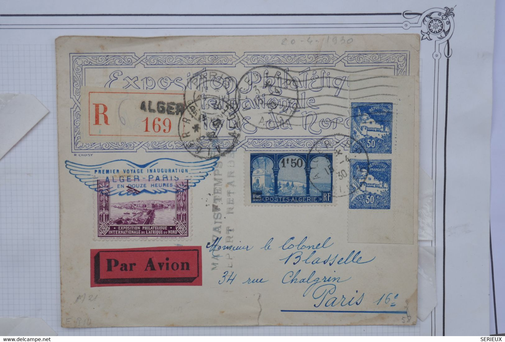 AU10 ALGERIE FRANCE BELLE LETTRE RARE 1930 IER VOL  ALGER PARIS +MAUVAIS TEMPS DEPART RETARDé +AFFRANCH. PLAISANT - Luftpost