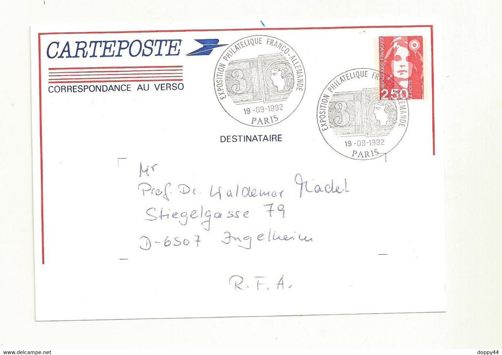 ENTIER POSTAL CARTEREPONSE OBLITERE CACHET EXPO FRANCO ALLEMANDE DU 19/09/1992. - Pseudo-officiële  Postwaardestukken