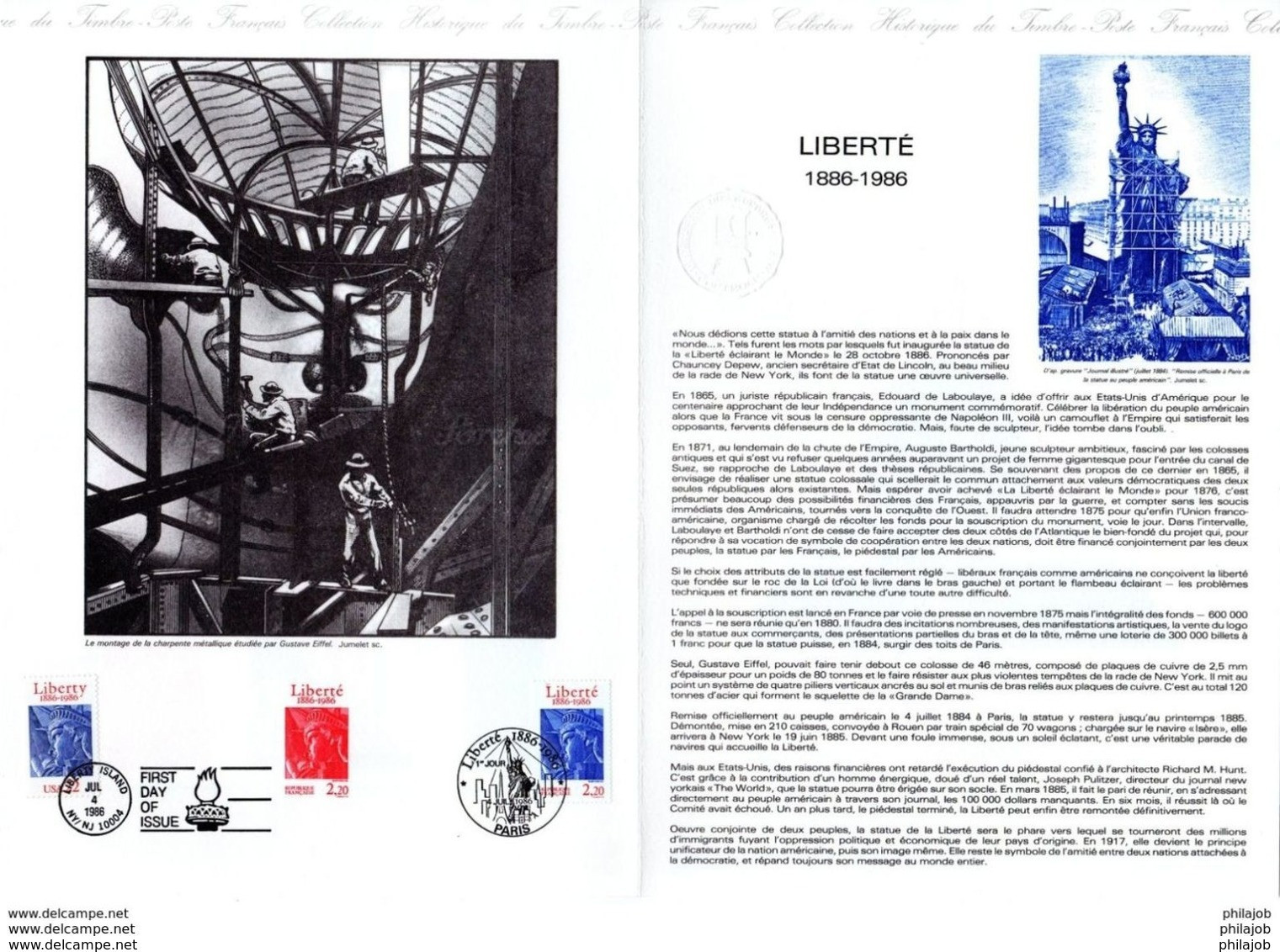 " STATUE DE LA LIBERTE " Sur Document Philatélique Officiel De 4 Pages De 1986 N° YT 2421 + USA Parf état DPO - Monumenti