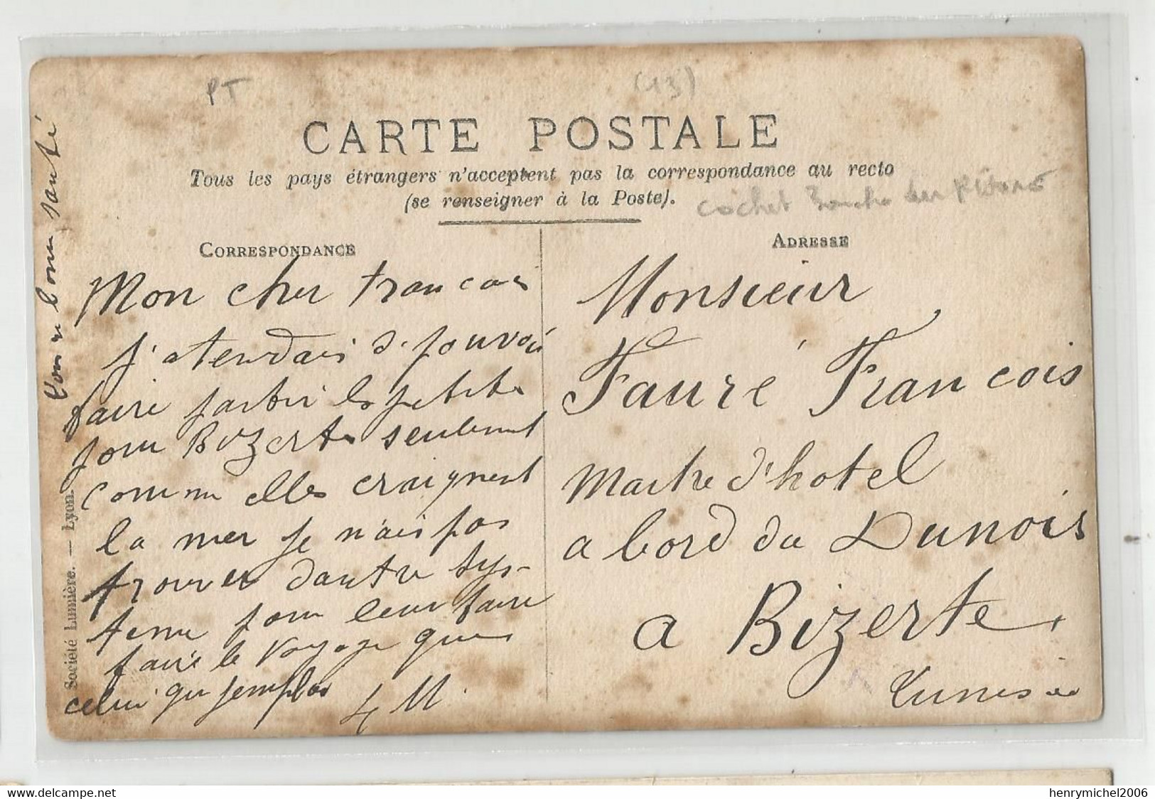 Carte Photo Fillettes Devant Fontaine,cachet Bouches Du Rhone 13 Pour  Maitre D'hotel A Bord Du Dunois A Bizerte Tunisie - A Identifier