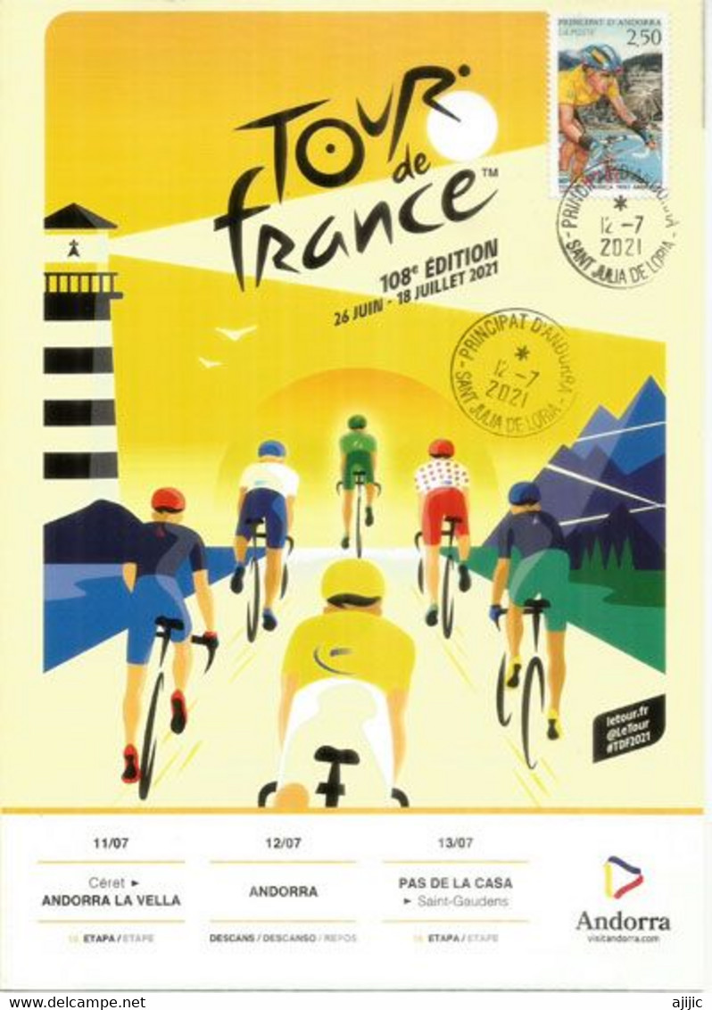 ANDORRA.Tour De France En Andorre 11 - 12 13 Juillet 2021.Official Leaflet With Andorra Cyclism Stamp Postmarked Andorra - Storia Postale