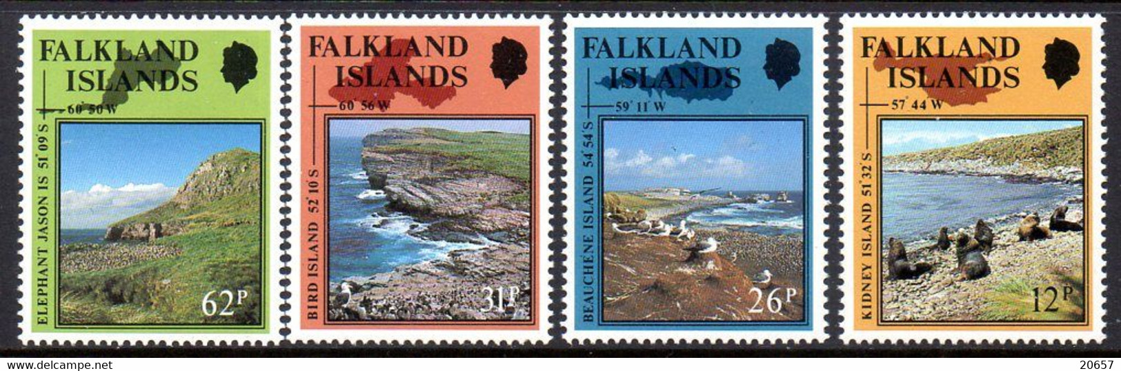 Falkland 0530/33 îles, Carte, Otaries, Oiseaux - Islands