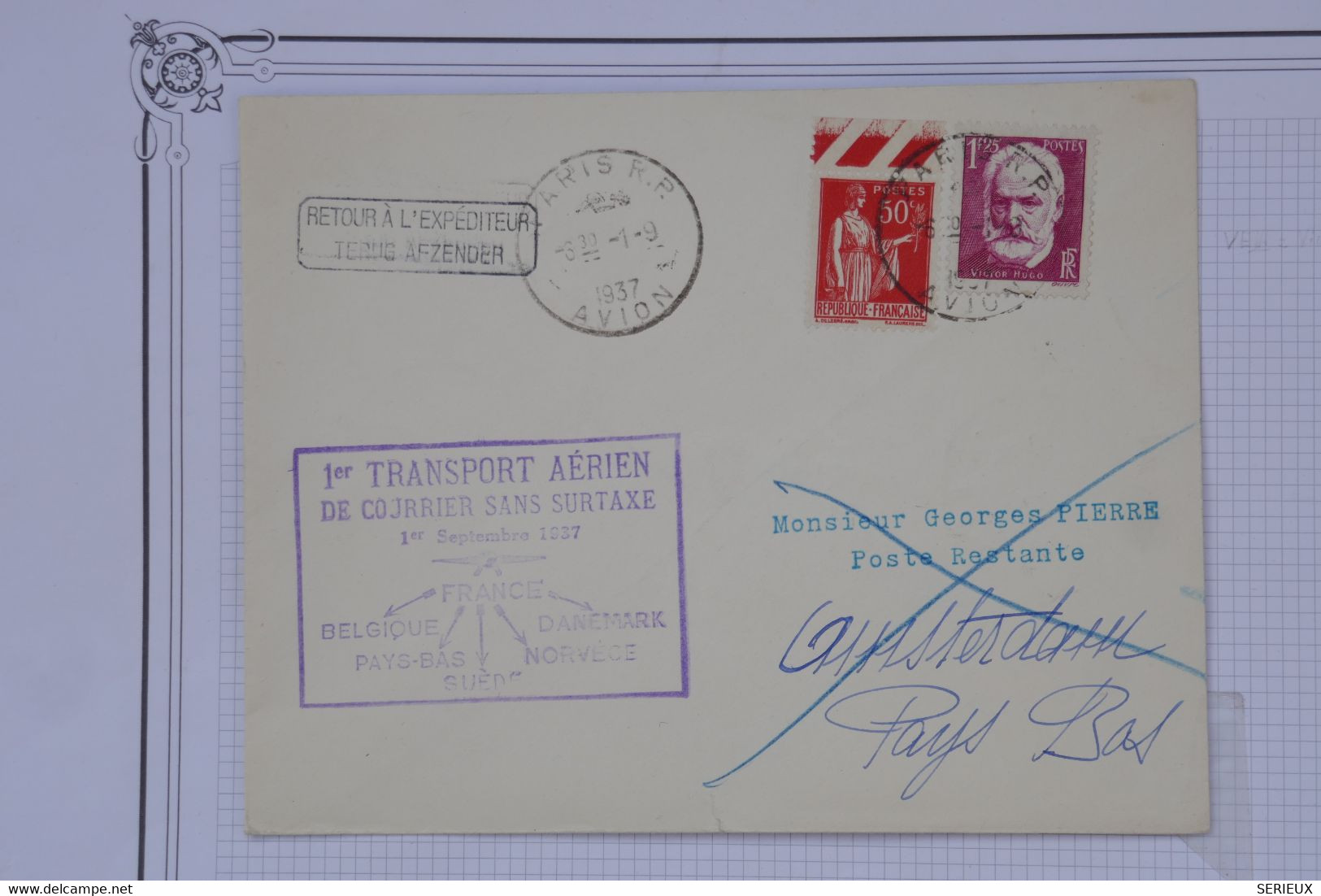 AU10 FRANCE BELLE LETTRE  1937 1ER VOL   PARIS A  AMSTERDAM  PAYS BAS +AFFRANCH. PLAISANT - First Flight Covers