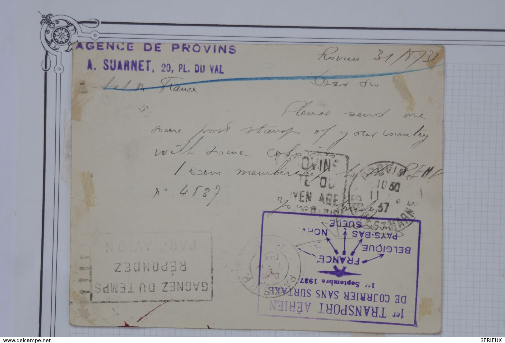 AU10 FRANCE BELLE LETTRE   1937 1ER VOL   FRANCE PAYS BAS +PROVINS ...  +AFFRANCH. PLAISANT - First Flight Covers