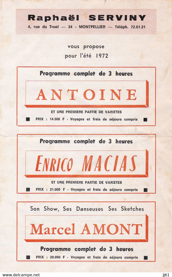 MONTPELLIER RAPHAEL SERVINY PROGRAMME COMPLET TARIF POUR LES TOURNEES L ETE 1972 ARTISTE DUTRONC LAMA NICOLETTA SARDOU - Programma's