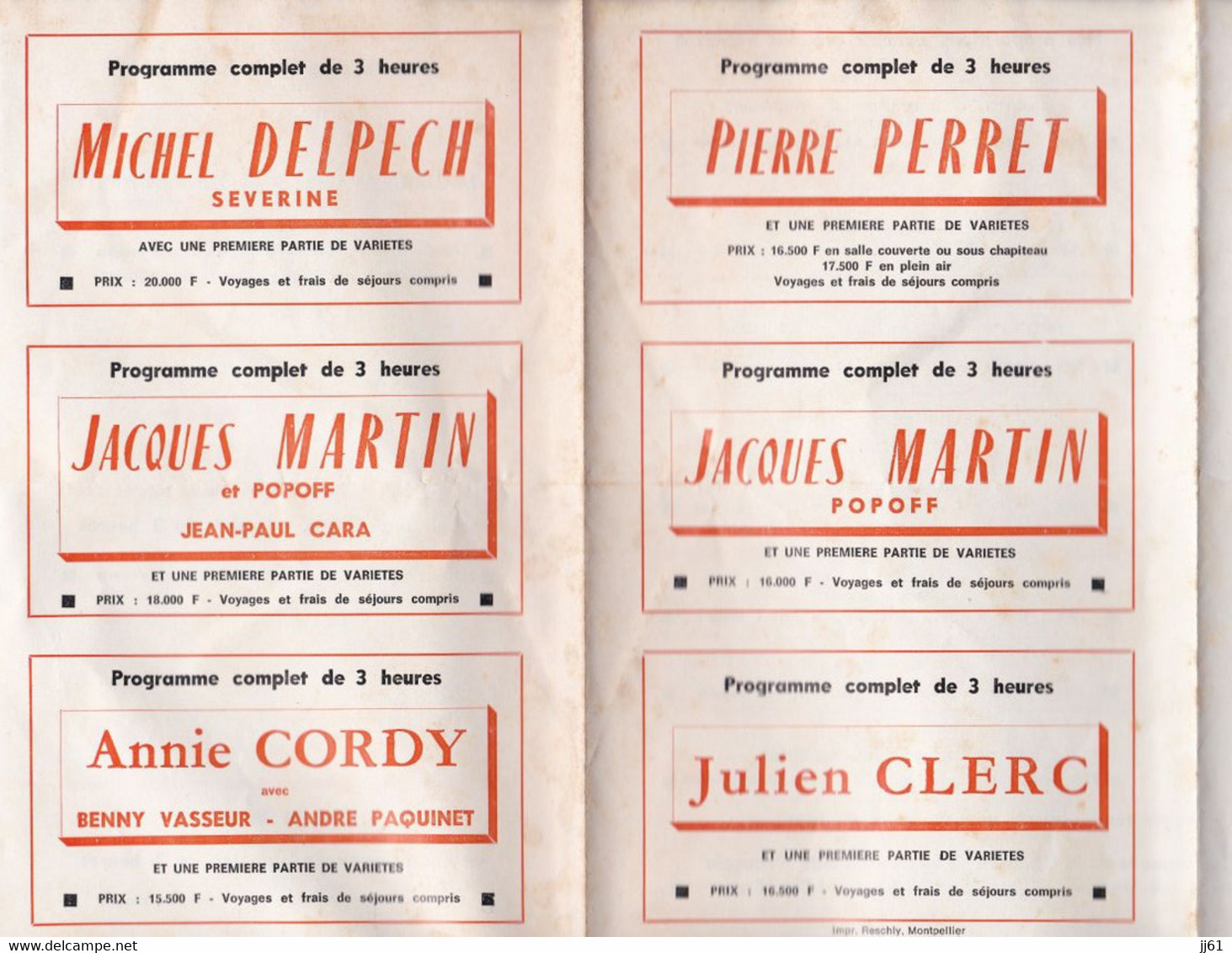 MONTPELLIER RAPHAEL SERVINY PROGRAMME COMPLET TARIF POUR LES TOURNEES L ETE 1972 ARTISTE DUTRONC LAMA NICOLETTA SARDOU - Programma's