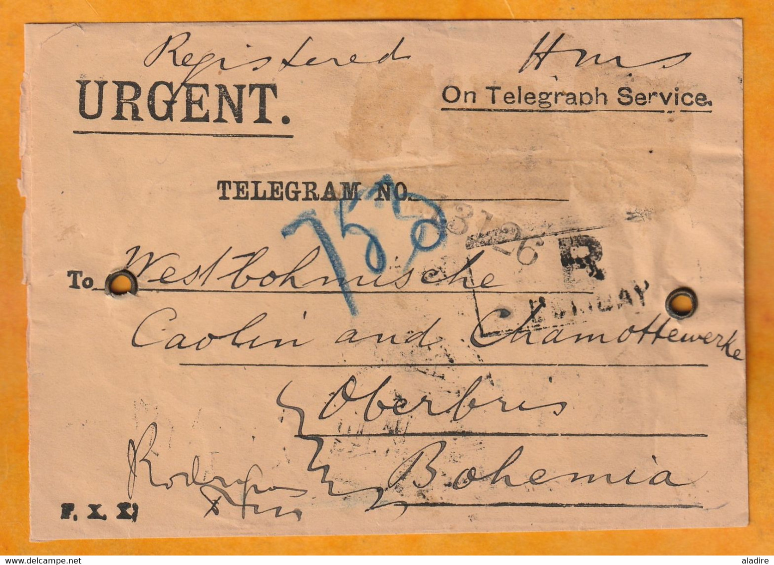 1905 - Enveloppe De Télégramme Urgent Recommandé De BOMBAY Mumbai, Inde, GB Vers Oberbris, Bohème, Autriche Hongrie - 1902-11 Roi Edouard VII