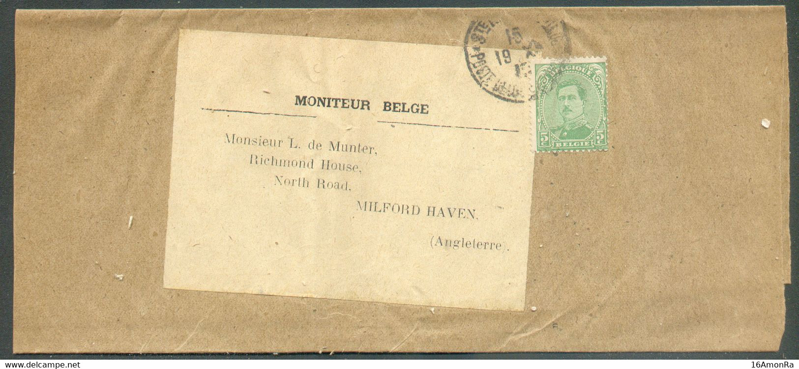 N°137 - 5 Centimes Emission 1915 Obl. Sc Ste-ADRESSE * POSTE BELGE Sur Bande D'imprimée Complète Du MONITEUR BELGE Le 1 - Sonstige & Ohne Zuordnung