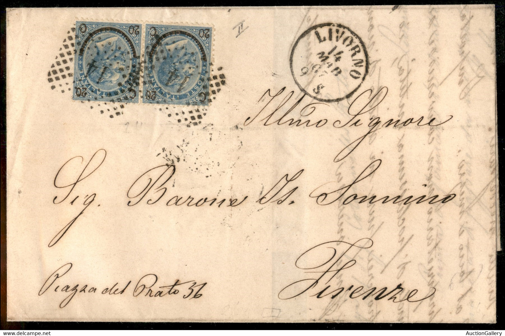 Regno - Vittorio Emanuele II - Lettera Con Coppia 20/15 Cent II Tipo (24) Con Annullo Numerale 14 Da Livorno 14 Mar. 67  - Autres & Non Classés