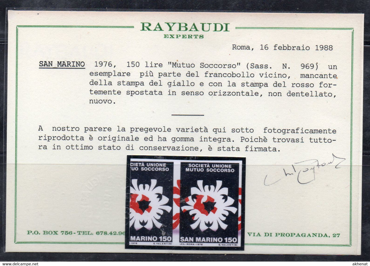 AV - SAN MARINO 1976 : Mutuo Soccorso N. 969 VISTOSA E RARA VARIETA' *** Cert Raybaudi M20p - Varietà & Curiosità