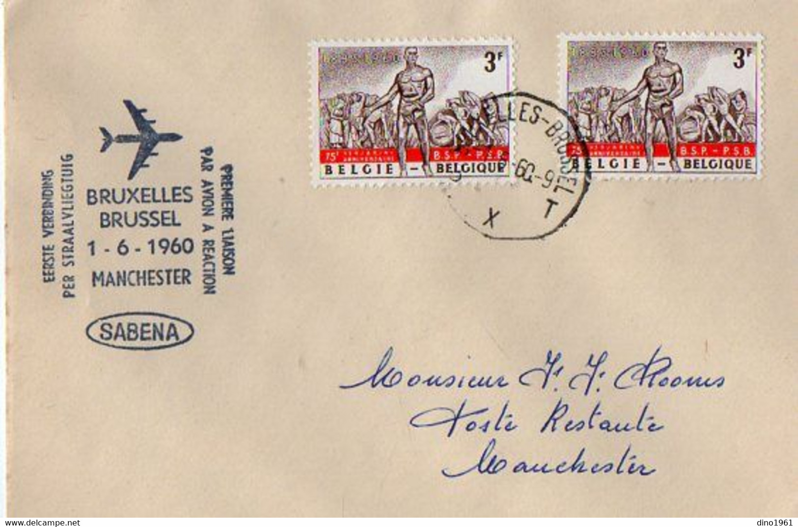 TB 3419 - 1960 - LSC - Lettre Par Avion / Sté SABENA / Première Liaison Par Avion A Réaction BRUXELLES - MANCHESTER - Lettres & Documents