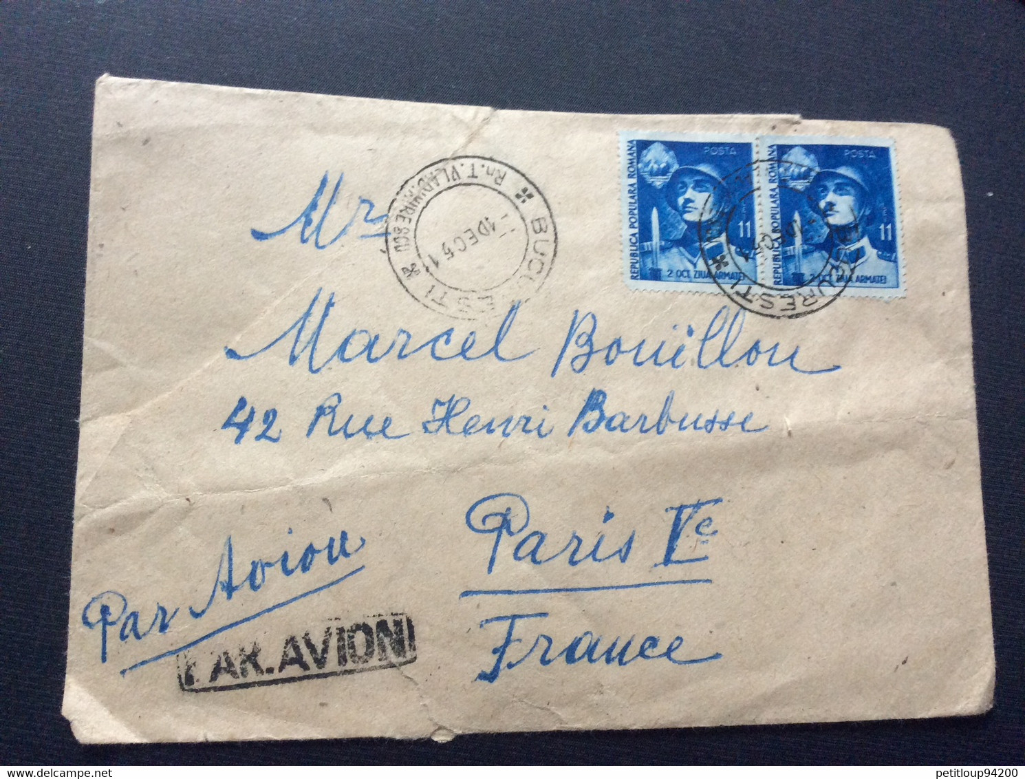 LETTRE  ROUMANIE>FRANCE Poste Aérienne 1951 - Cartas & Documentos