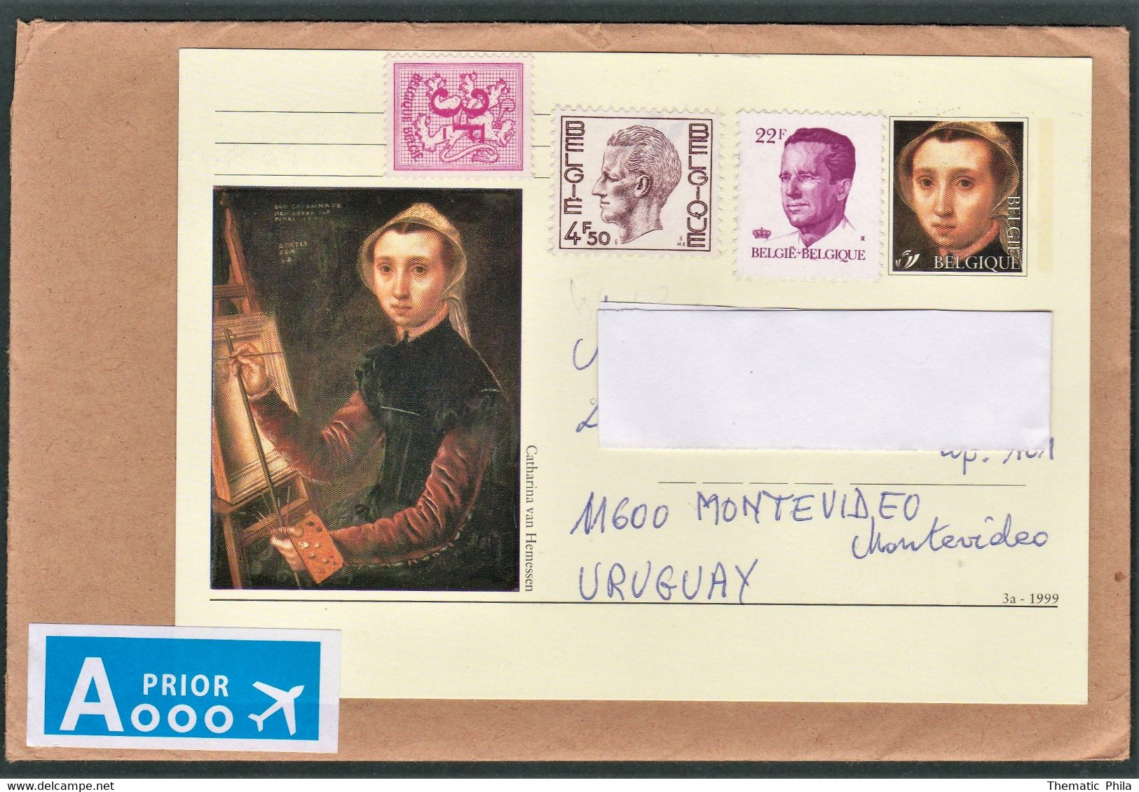 Belgium Belgie 2005 Priority Circulated Cover To Montevideo Stationery Card Art Painting Tableau Catharina Van Hemessen - Brieven En Documenten