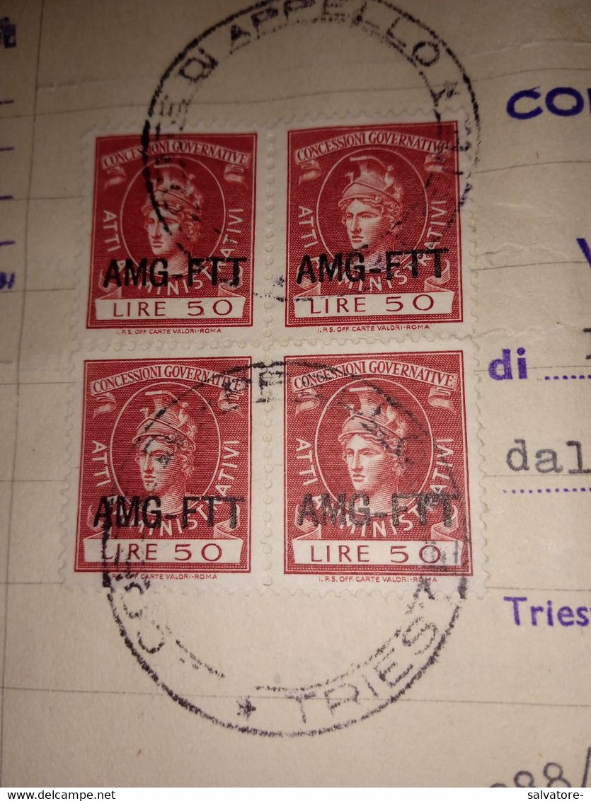 QUARTINA CONCESSIONI GOVERNATIVE LIRE 50 SOPRASTAMPATE AMG.FTT 1954 - Revenue Stamps