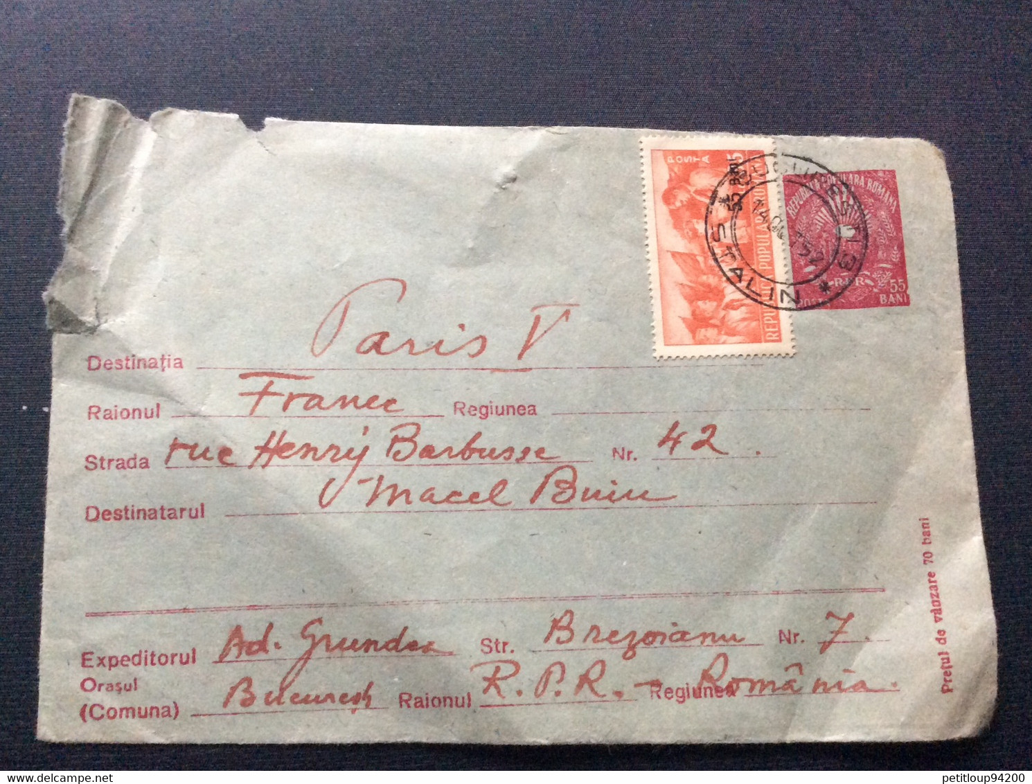 LETTRE  ROUMANIE>FRANCE Poste Aérienne 1952 - Cartas & Documentos