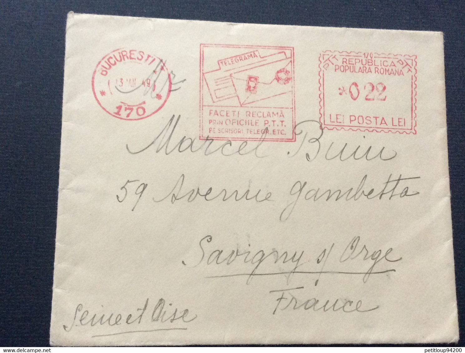 LETTRE  ROUMANIE>FRANCE Poste Aérienne 1949 - Maschinenstempel (EMA)