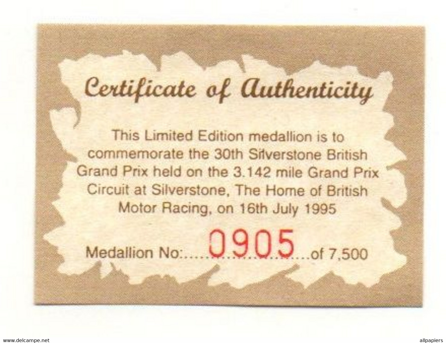 Limited Edition Medaillon Is To Commemorate The 30th Silverstone British Grand Prix 1995 - Certificat Of Authenticity - Automobile - F1