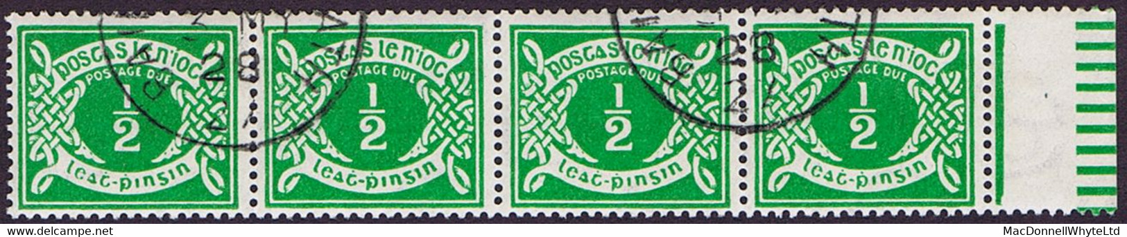 Ireland Postage Due 1925 Watermark SE ½d Green Marginal Strip Of 4 Brilliant Fresh Used 1928 Dublin Cds - Segnatasse