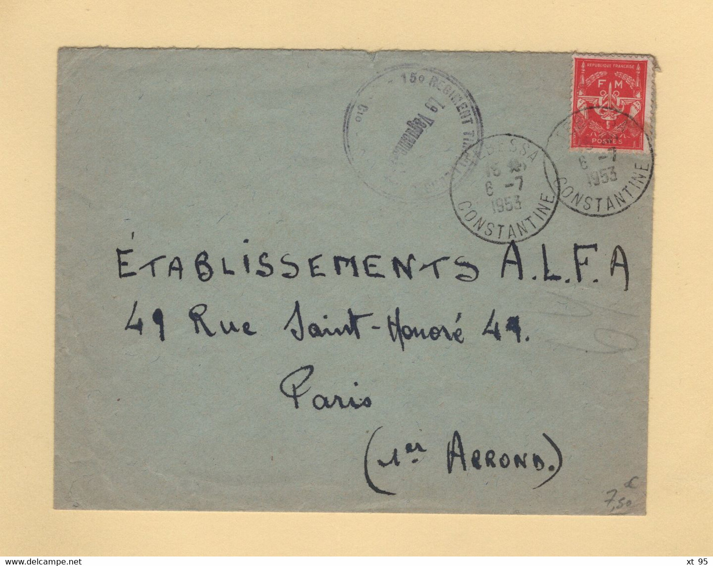 Timbre FM - Algerie - Tebessa - 1953 - 15e Regiment De Tirailleurs Sengalais - Military Postage Stamps