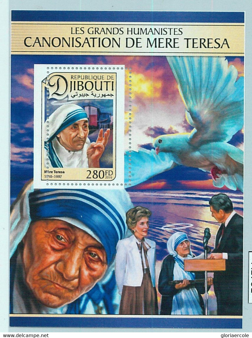 A1701 - DJIBOUTI, ERROR: MISSPERF, S/S -  Mother Theresa, Reagan, Dove LADY D - Mère Teresa