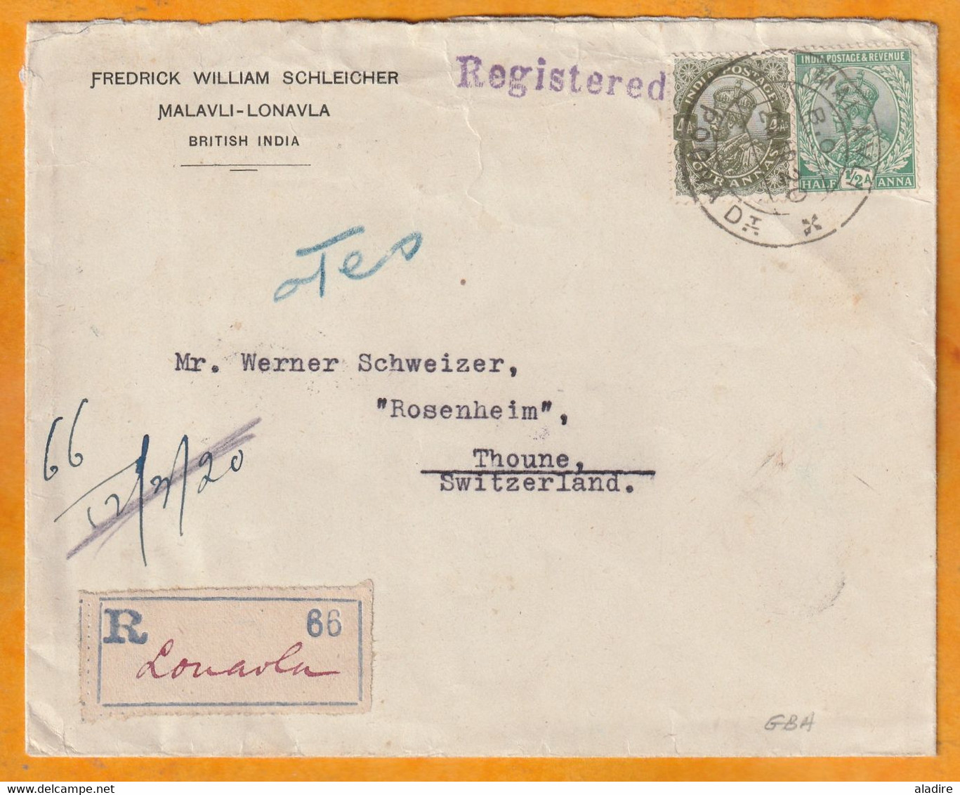 1920 - Enveloppe Recommandée De Malavli Poona, Inde, GB Vers Thune Thun, Suisse - 4 1/2 Annas - 1911-35 King George V