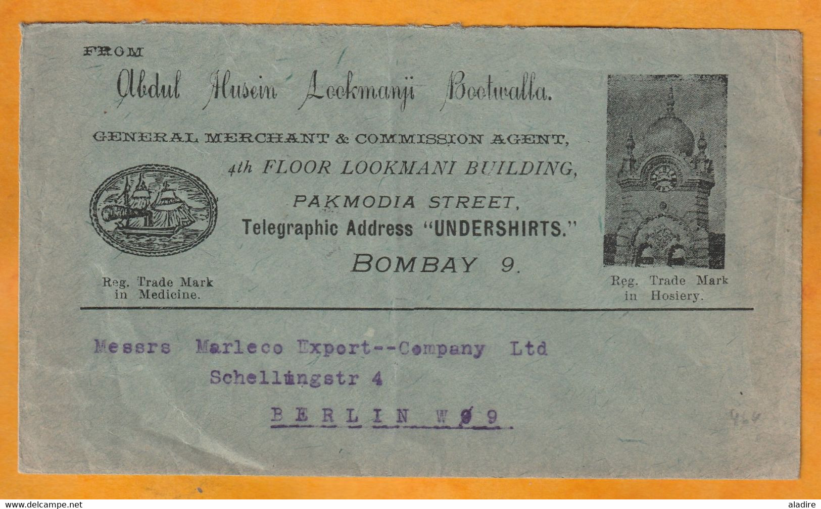1925 - Enveloppe Commerciale Illustrée De Bombay Mumbai, Inde, GB Vers Berlin, Allemagne - Band Of 3 1 Anna Stamps - 1911-35 King George V