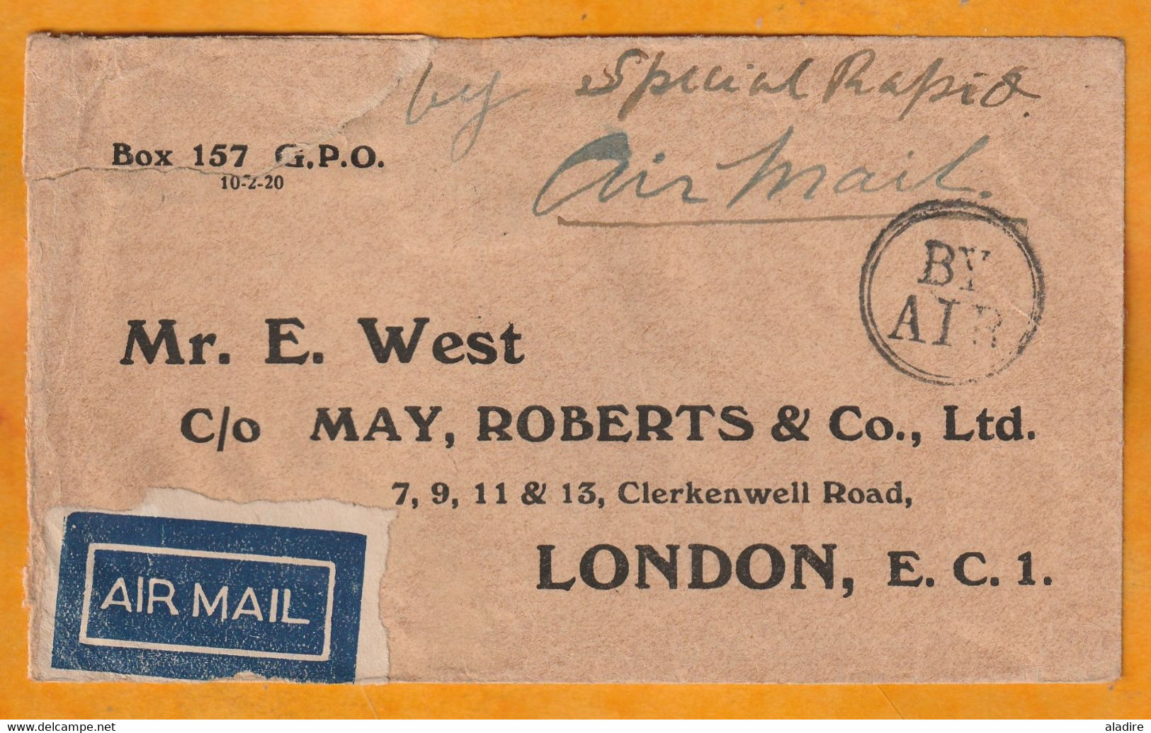 1929 - Enveloppe Par Avion Special De Karachi, Inde, GB Vers Londres, GB - 8 Anna Stamp - 1911-35 Roi Georges V