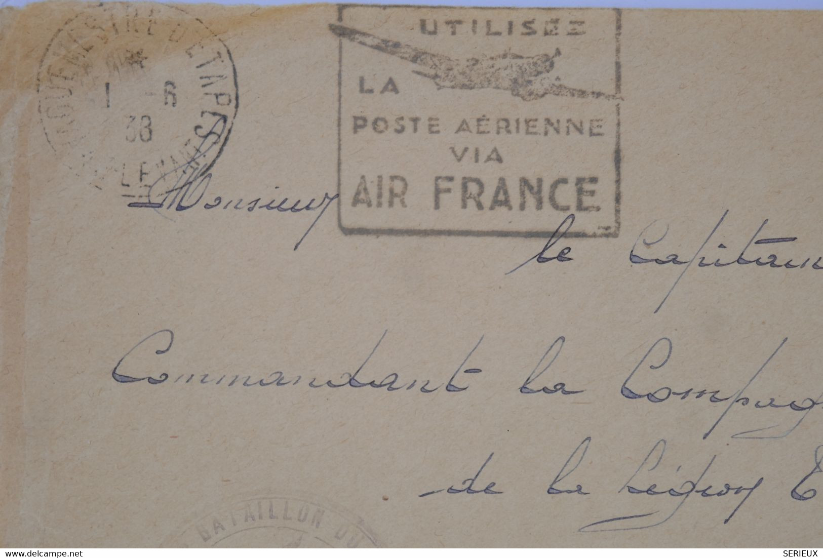 AU11 FRANCE BELLE LETTRE DEVANT  1938 PAR AIR FRANCE  POUR COMMANDANT LEGION ETRANGERE +AFFRANCH. PLAISANT - 1960-.... Storia Postale