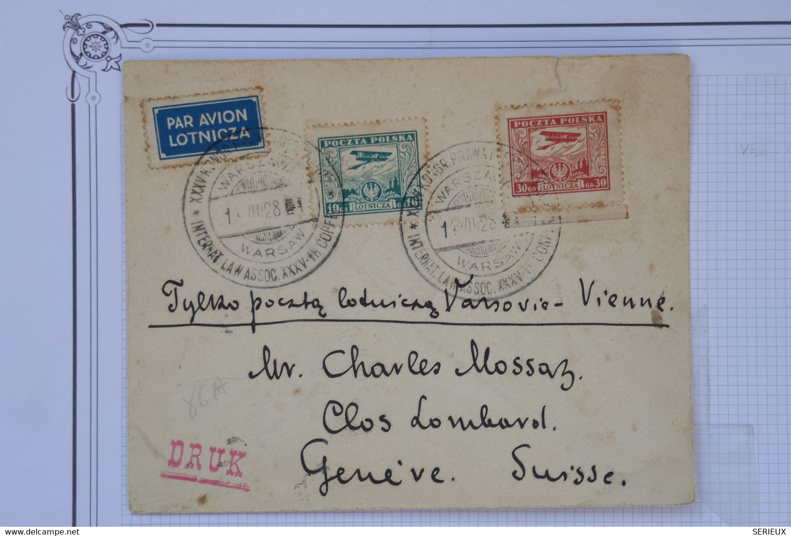 AU11 POLOGNE  BELLE LETTRE 1928 VARSAW  POUR GENEVE SUISSE+DRUK++BORD DE FEUILLE +++AFFRANCH. INTERESSANT - Avions