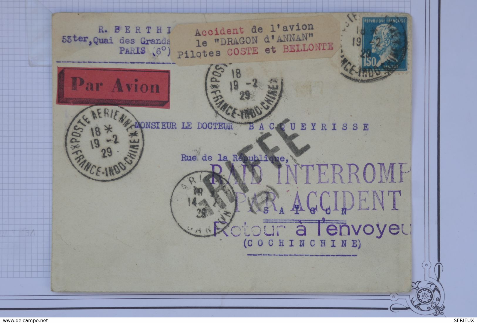 C FRANCE   BELLE LETTRE 1929 ACCIDENT AVION  LE DRAGON D ANNAN COSTES ET BELLONTE ++ +AFFRANCH. INTERESSANT - 1960-.... Storia Postale