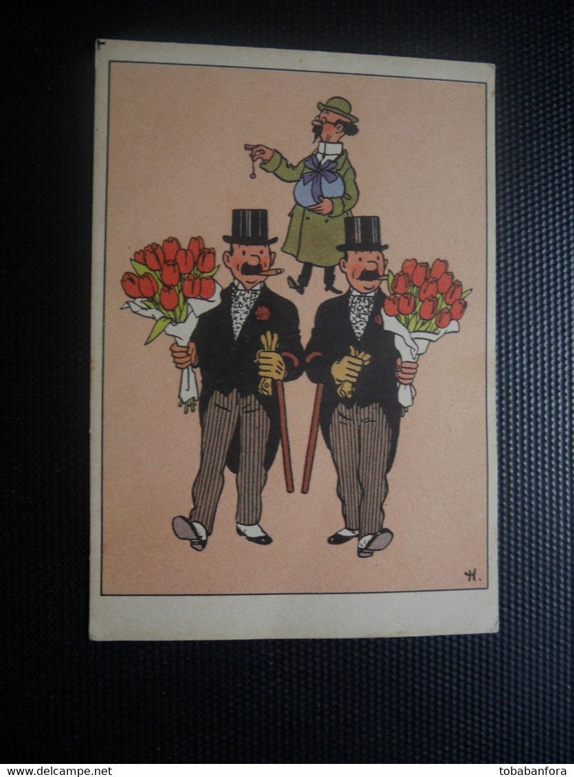 RARE CARTE FESTIVE 6 TINTIN HERGE DES ANNEES 50 . DUPOND & DUPONT & LE PROFESSEUR TOURNESOL . - Bandes Dessinées