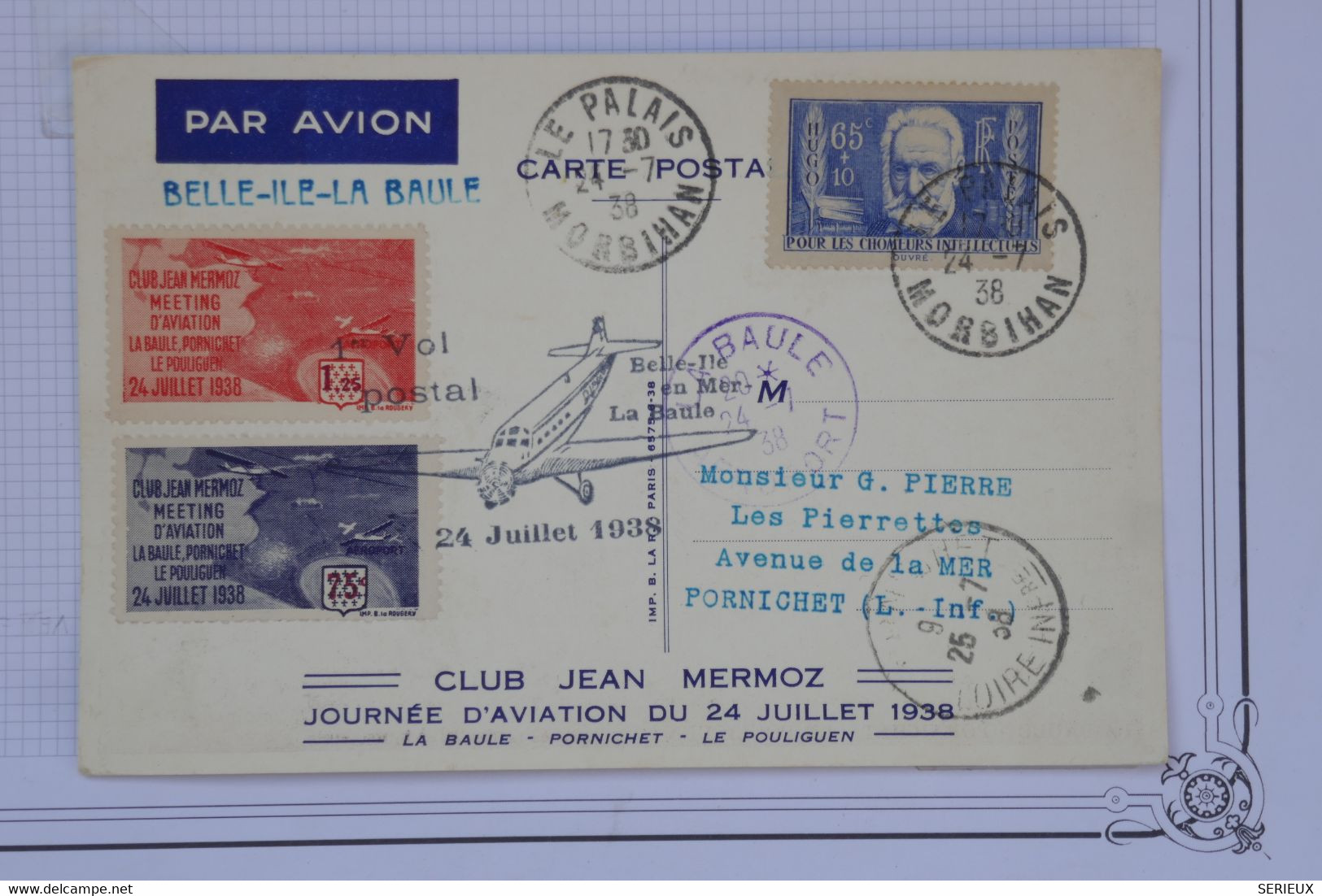 AU11 FRANCE  BELLE CARTE  1938 MEETING LA BAULE  LE PALAIS POUR ISLE +VIGNETTE MERMOZ  ++AFFRANCH. PLAISANT - 1960-.... Storia Postale