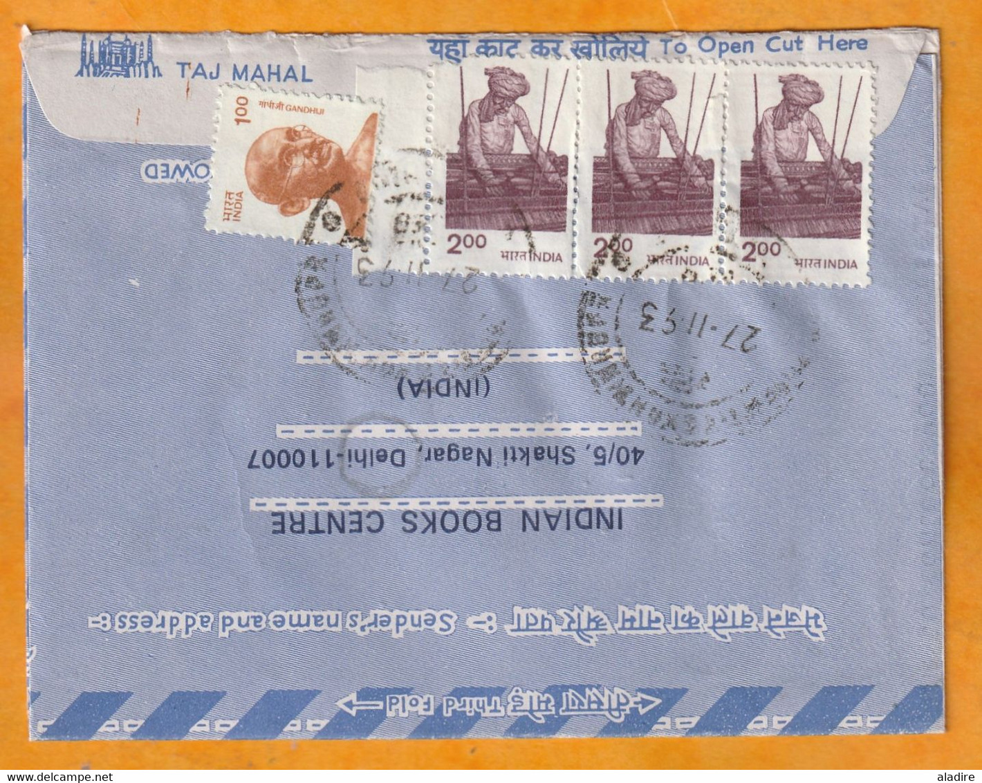 1993 - Entier Poste Intérieure Annulé, Avec Mention Air Mail De DELHI Vers Toulouse, France - Affrt 7 Dont Gandhi - Luchtpost