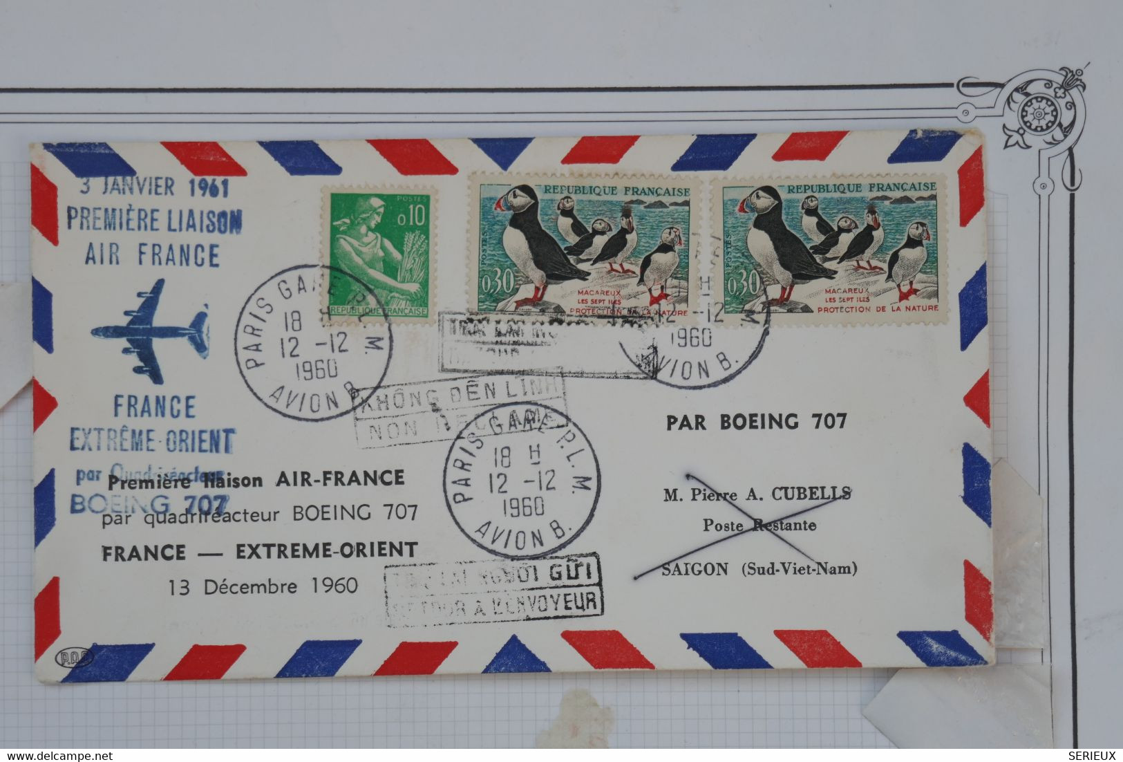 AU11 FRANCE  BELLE LETTRE  1961 IERE LIAISON AIR FRANCE POUR SAIGON + AFFRANCH. PLAISANT - 1960-.... Storia Postale