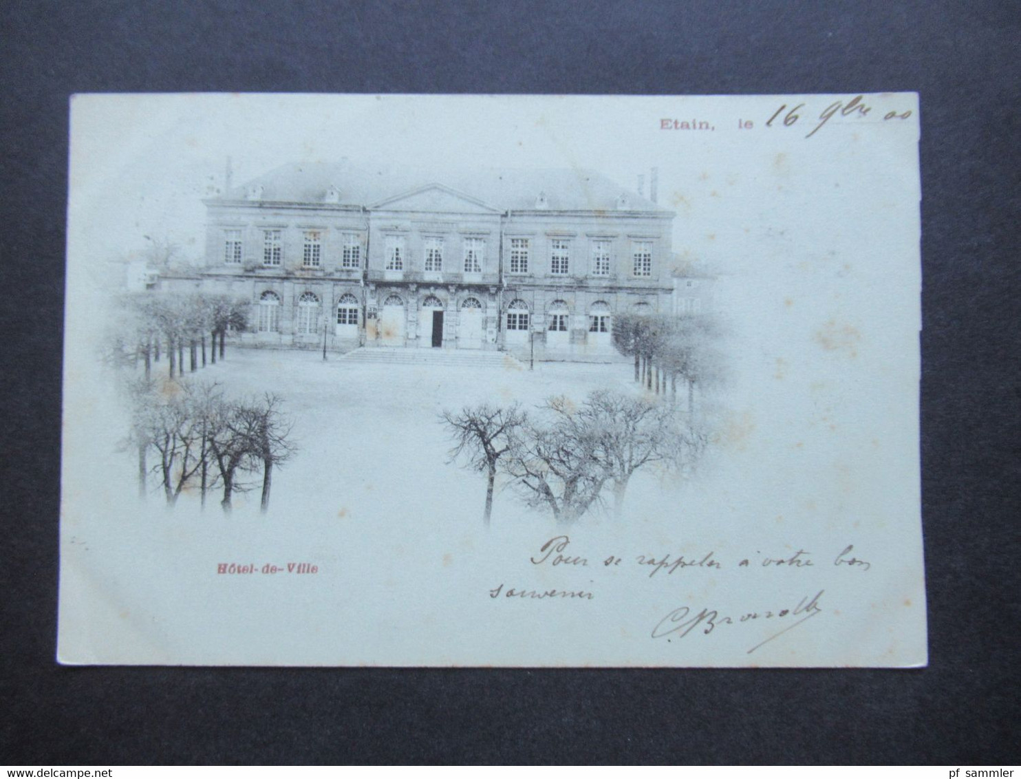 Frankreich  AK 1900 Etain Hotel De Ville Mit Bahnpost Stempel Frankiert Mit Sage - Etain