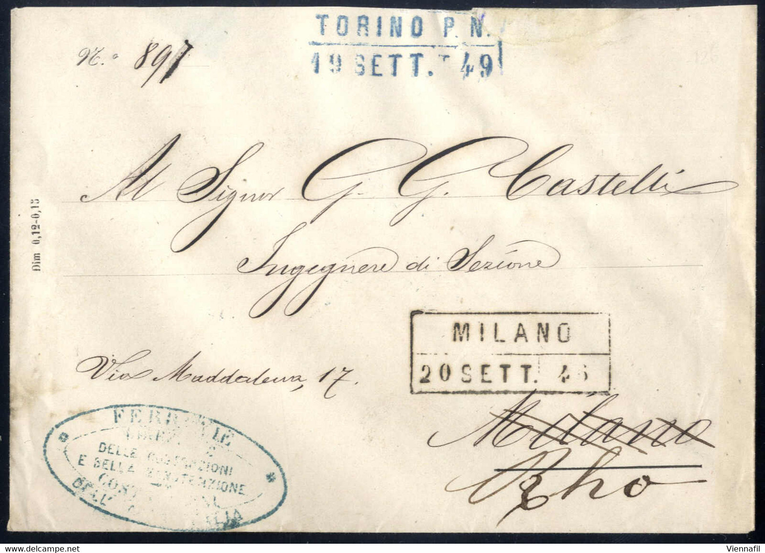 Cover "Torino" Lettera Delle Ferrovie "Torino-Milano-Torino" Con Annullo Ferroviario Del 19.9 In Azzurro Per Milano E Ri - Lombardije-Venetië