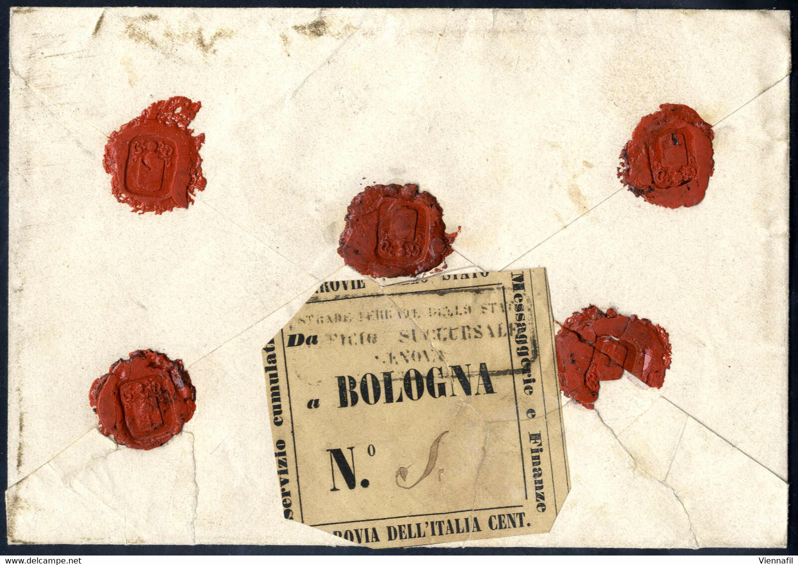 Cover 1859, Lettera Assicurata Da Genova Il 8.12 Per Bologna, Sul Verso Rarissima Etichetta Delle Ferrovie Dell Italia C - Stato Pontificio