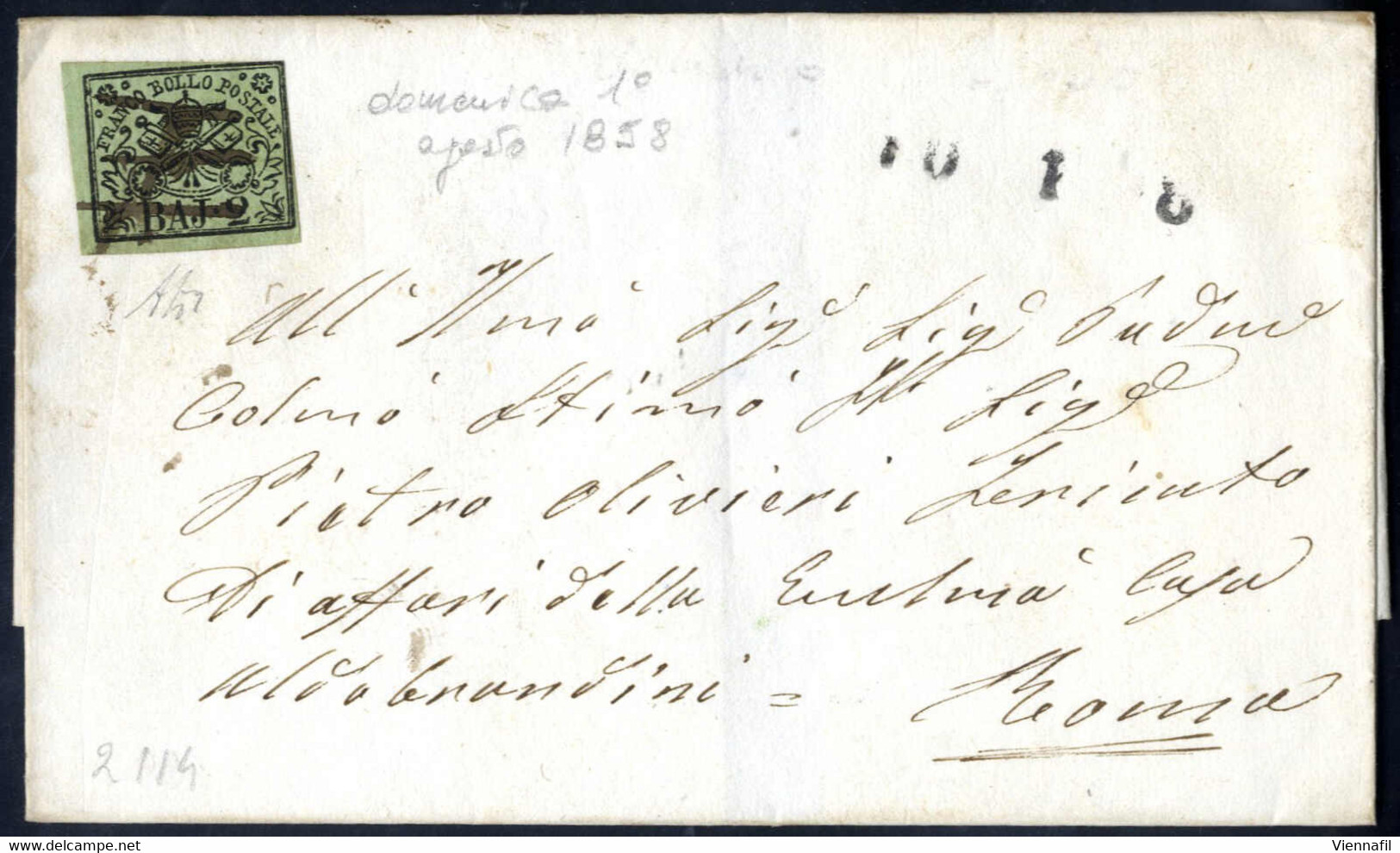 Cover 1858, Lettera Da Frascati Il 1.8 Per Roma Affrancata Con 2 B. Verde Oliva, Con Timbro Del Sevizio Postale Privato  - Kerkelijke Staten