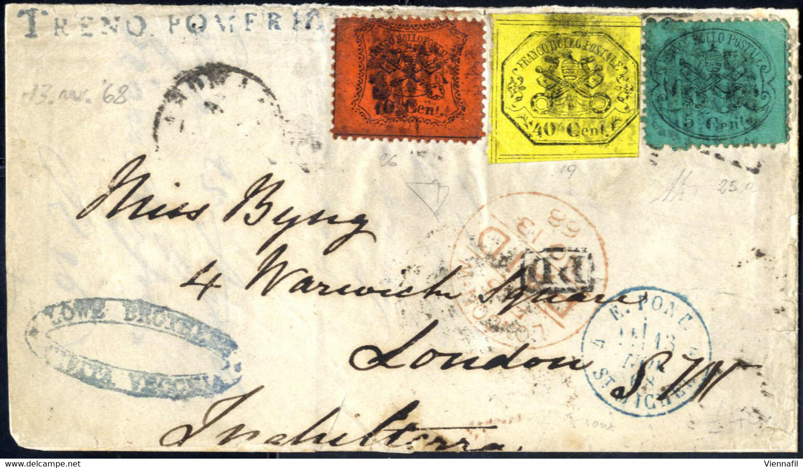 Cover 1859/68, 4 Lettere Con Timbri Privati Della Ditta LOWE Bros. Sulla Linea Ferroviaria Civitavecchia-Roma, 3 Per Rom - Stato Pontificio