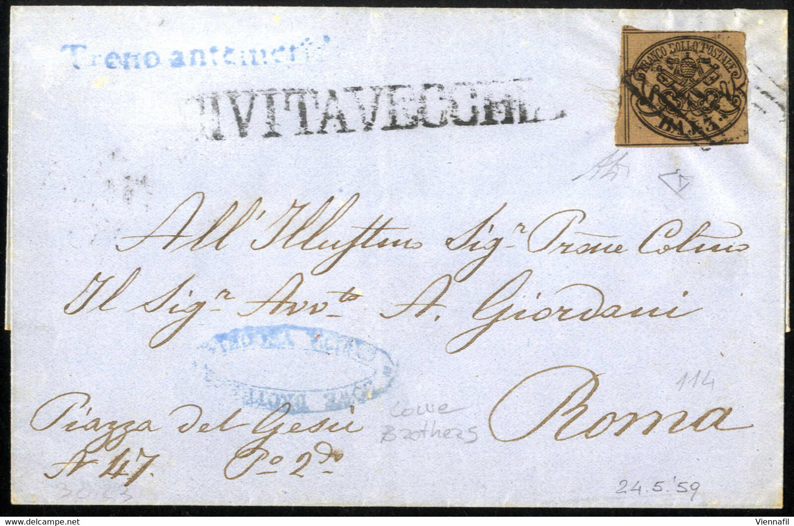 Cover 1859/68, 4 Lettere Con Timbri Privati Della Ditta LOWE Bros. Sulla Linea Ferroviaria Civitavecchia-Roma, 3 Per Rom - Stato Pontificio