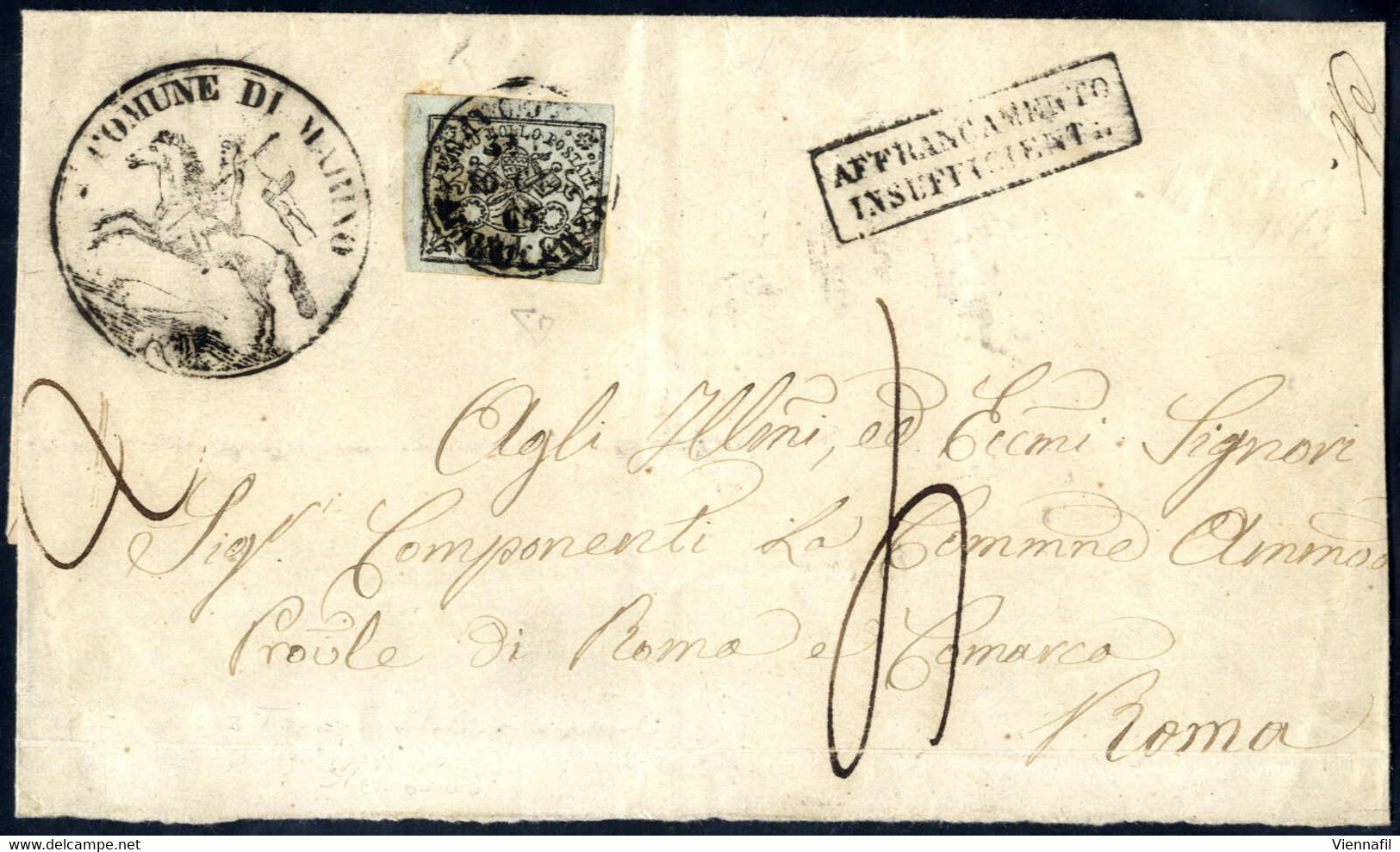 Cover 1865, Lettera Da Marino Il 16.6 Per Roma Affrancata Con 2 B. Verde Oliva, Annullato Roma-Ceprano Ambulanza 1° Tr R - Stato Pontificio