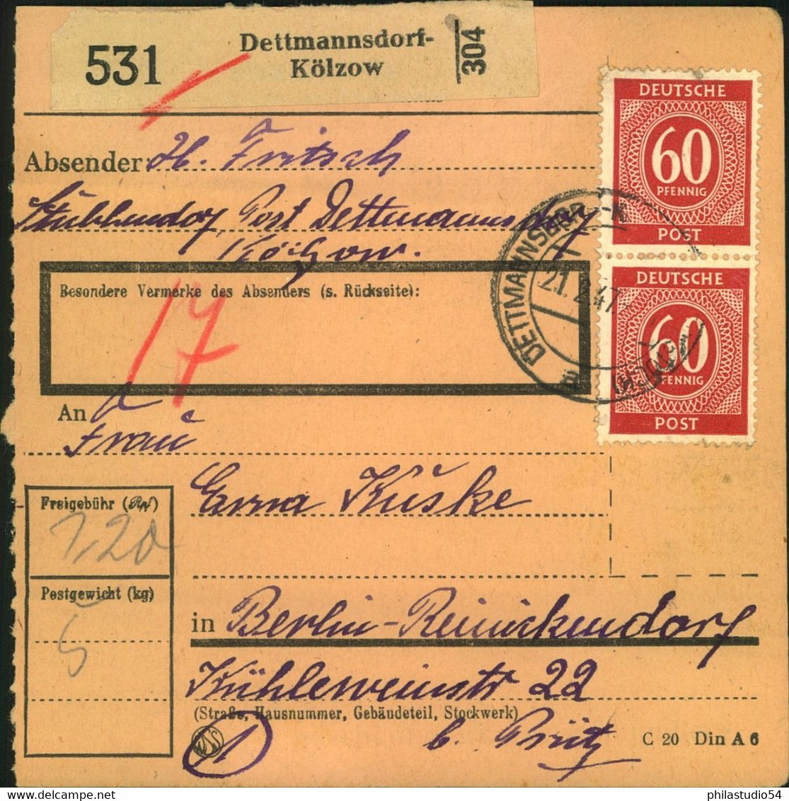 1947,PakEtkartE MIt MeF 40 Pfg. Ziffer Ab "DETTMANSDORF-KÖTZÖW - Sonstige & Ohne Zuordnung