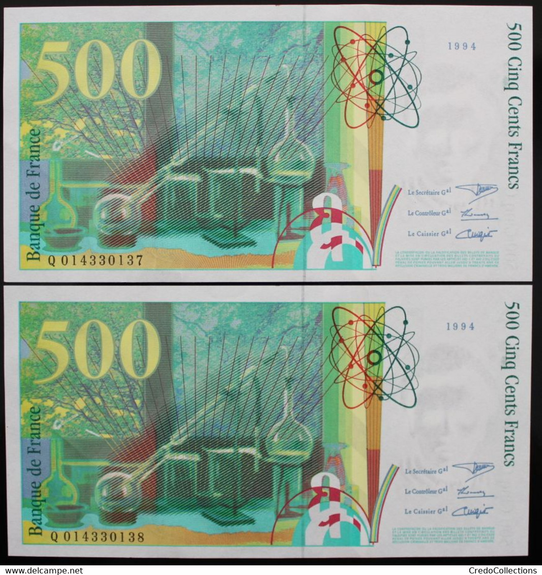 France - 500 Francs - 1994 - PICK 160a.1 / F76.1 - Pr. NEUF (2 Billets) - 500 F 1994-2000 ''Pierre En Marie Curie''