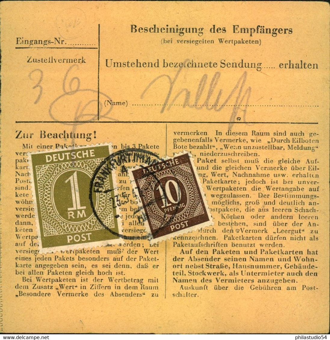 1947, Hoch Frankierte Paketkarte Ab FRANKFURT (M) - Autres & Non Classés